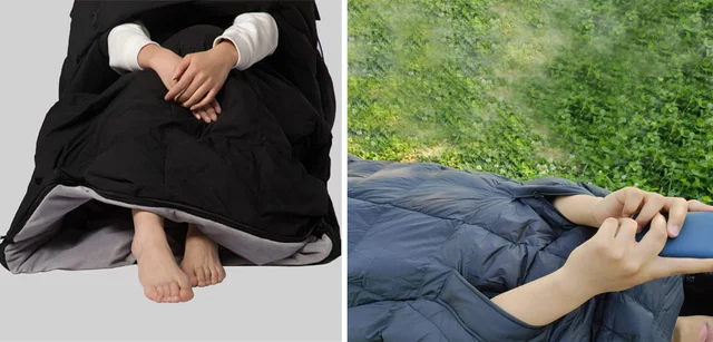 寝袋に包まりながらスマホを使う場合、手元が窮屈になりがちです。

手足部分に独立したジッパーがあるので、手だけ、足だけ出すことが可能になりました。

寝袋にくるまったまま手を出してスマホを使うこともできます。

寝袋のちょっとした窮屈さを解消するアイデアです。