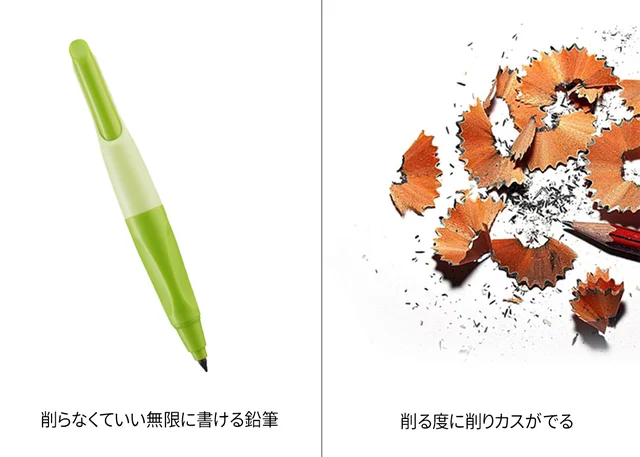 鉛筆の芯はシャープペンシルのようにノック型で押し出せます。

鉛筆削りで削る必要がないため、従来の鉛筆のように、削る手間がかからず、削りカスもでません。デスクも汚れず、環境にも優しい設計です。