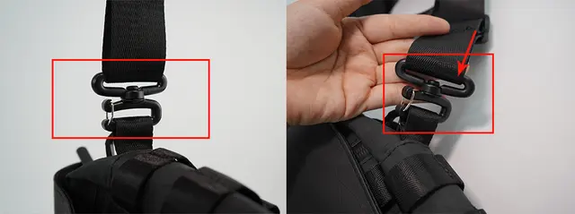 ロングショルダーストラップはバッグ本体とバックルで着脱します。黒いバックルの上部を掴んで押し下げると簡単に開閉できます。