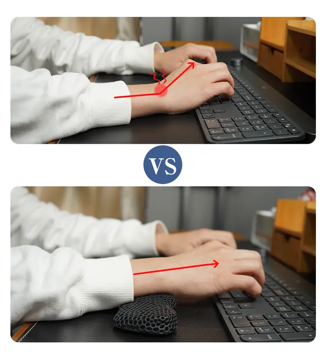 リストレストはキーボードやマウスの手前に置き、手首をのせるためのクッションで、手首を自然な位置に保ち、腱や筋肉への負担を軽減する効果があります。